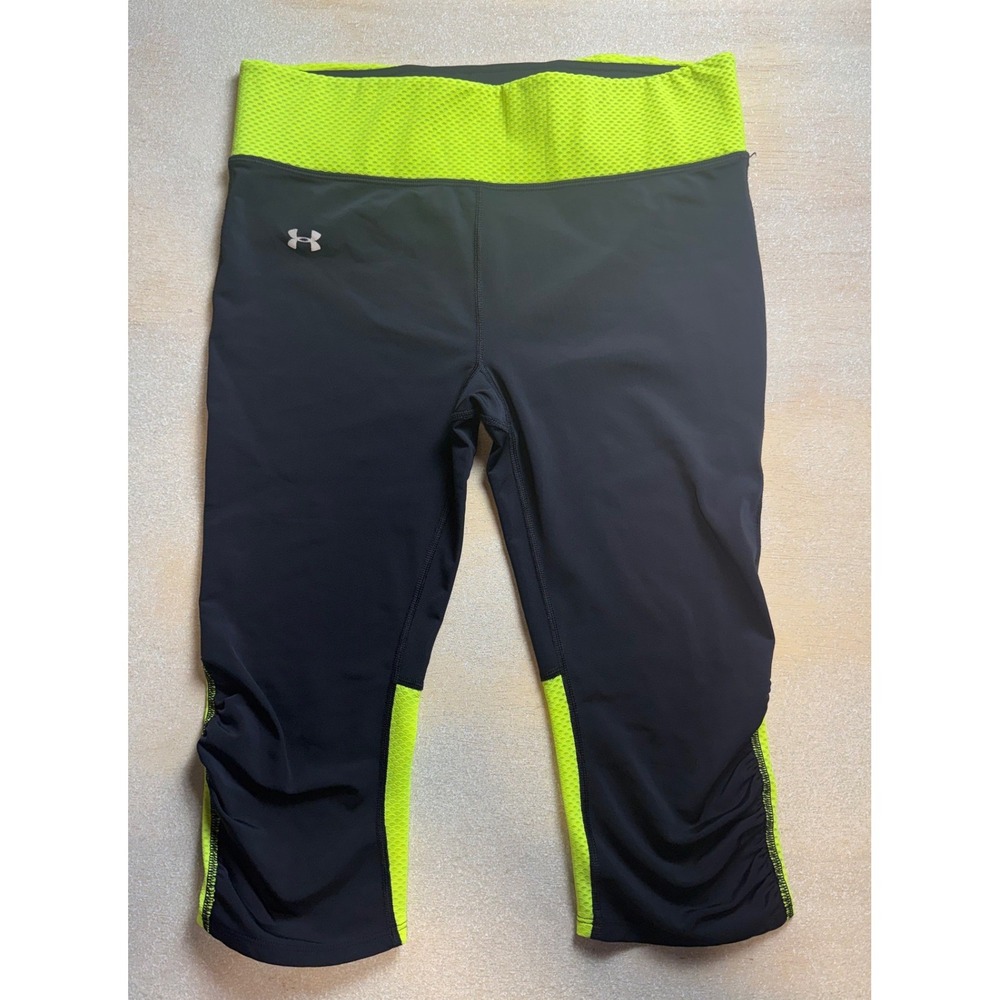 Under Armour HeatGear Capri Leggings Black Neon Yellow Mesh Running Small-2384